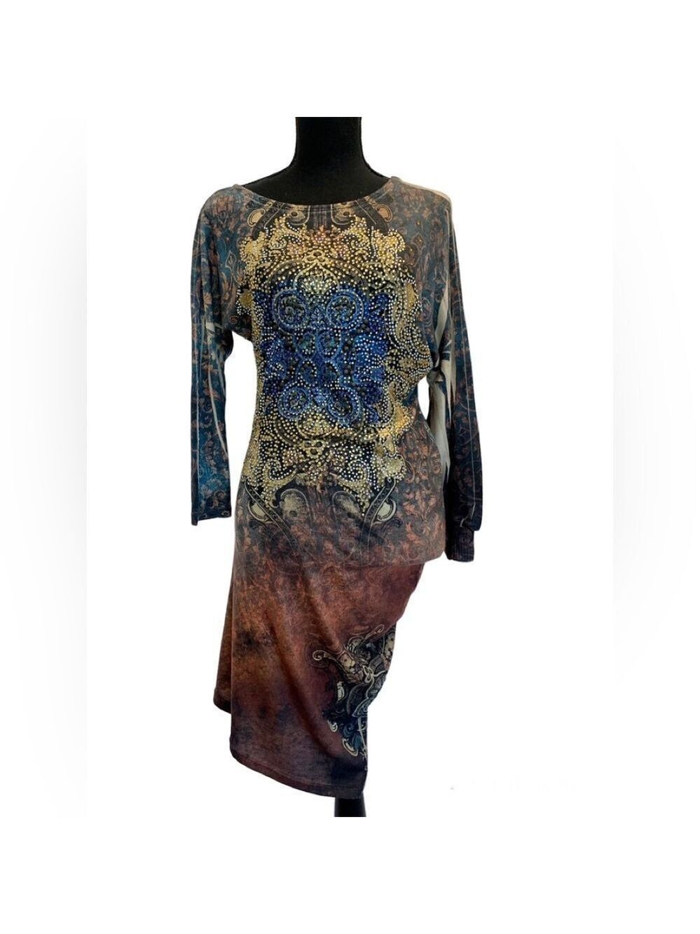 𝅺MULTICOLOURED rhinestone embellished stretchy soft knit longsleeve dress Sz S